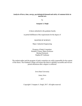 Analysis of Force, Time, Energy, Psychological Demand and Safety of Common Kicks in Martial Arts