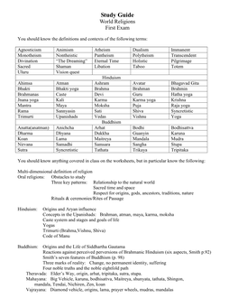 Study Guide World Religions First Exam