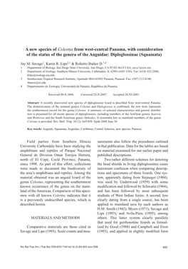 A New Species of Celestus from West-Central Panama, with Consideration of the Status of the Genera of the Anguidae: Diploglossinae (Squamata)