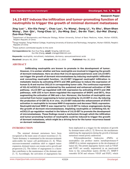 14,15-EET Induces the Infiltration and Tumor-Promoting Function of Neutrophils to Trigger the Growth of Minimal Dormant Metastases