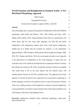 Word-Formation and Reduplication in Standard Arabic: a New 1 Distributed Morphology Approach 2