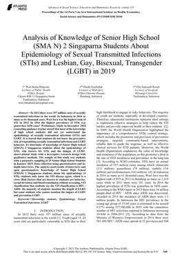 (SMA N) 2 Singaparna Students About Epidemiology of Sexual Transmitted Infections (Stis) and Lesbian, Gay, Bisexual, Transgender (LGBT) in 2019