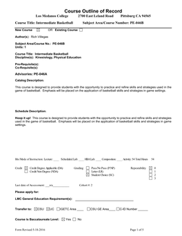 Course Outline of Record Los Medanos College 2700 East Leland Road Pittsburg CA 94565