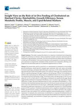 Insight View on the Role of in Ovo Feeding of Clenbuterol on Hatched Chicks: Hatchability, Growth Efﬁciency, Serum Metabolic Proﬁle, Muscle, and Lipid-Related Markers