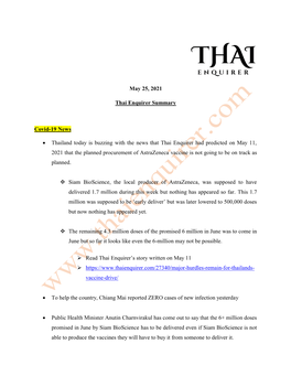 May 25, 2021 Thai Enquirer Summary Covid-19 News • Thailand Today Is