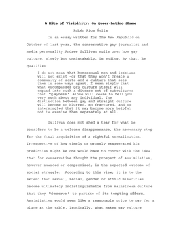 A Bite of Visibility: on Queer-Latino Shame Rubén Ríos Ávila in an Essay Written for the New Republic on October of Last Year