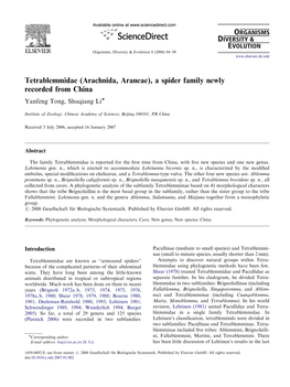 Arachnida, Araneae), a Spider Family Newly Recorded from China Yanfeng Tong, Shuqiang Liã