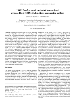 LOXL3-Sv2, a Novel Variant of Human Lysyl Oxidase-Like 3 (LOXL3), Functions As an Amine Oxidase