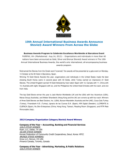 10Th Annual International Business Awards Announce Stevie® Award Winners from Across the Globe