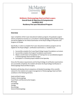 Mcmaster Otolaryngology-Head and Neck Surgery Overall Goals & Objectives & Competencies Canmeds 2015 Residency Five-Year Educational Program