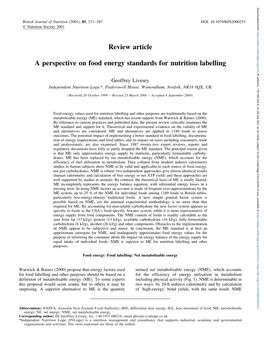 A Perspective on Food Energy Standards for Nutrition Labelling