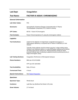 Coagulation Test Name: FACTOR IX ASSAY, CHROMOGENIC