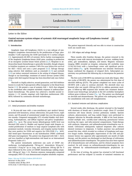 Central Nervous System Relapse of Systemic ALK-Rearranged Anaplastic Large Cell Lymphoma Treated T with Alectinib