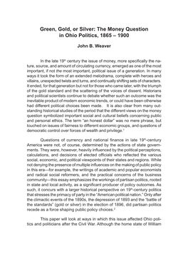 Green, Gold, Or Silver: the Money Question in Ohio Politics, 1865 – 1900