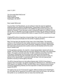 MTA Letter to Senate Majority Leader Mitch Mcconnell