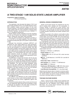 AN758: a Two-Stage 1 Kw Solid-State Linear Amplifier