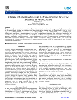 Efficacy of Some Insecticides in the Management of Liriomyza Brassicae on Pisum Sativum Deepti Mondol Department of Zoology Scottish Church College, Kolkata, India