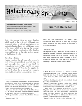 Summer Halachos „ All Piskei Horav Yisroel Belsky Shlita Are Reviewed by Horav Yisroel Belsky Shlita