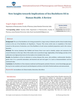 New Insights Towards Implications of Sea Buckthorn Oil Inâ Human Health