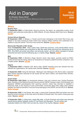 Aid in Danger Bi-Weekly News Brief, 09-22 September 2020