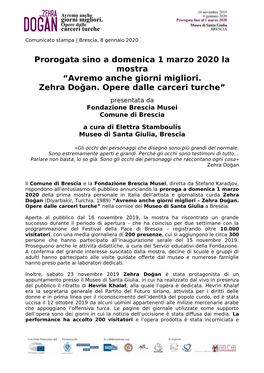 Prorogata Sino a Domenica 1 Marzo 2020 La Mostra “Avremo Anche Giorni Migliori