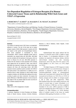 Sex-Dependent Regulation of Estrogen Receptor Β in Human Colorectal Cancer Tissue and Its Relationship with Clock Genes and VEGF-A Expression