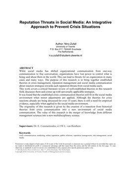 Reputation Threats in Social Media: an Integrative Approach to Prevent Crisis Situations