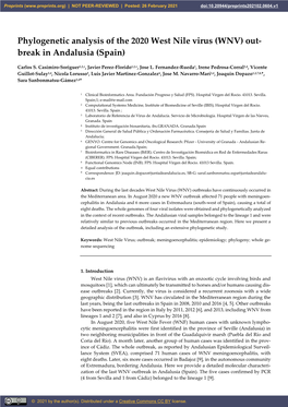 Phylogenetic Analysis of the 2020 West Nile Virus (WNV) Out- Break in Andalusia (Spain)