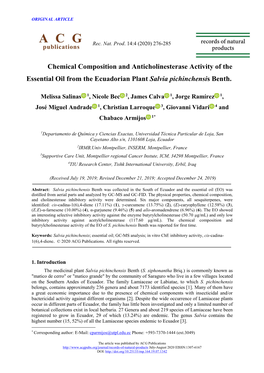 Chemical Composition and Anticholinesterase Activity of the Essential Oil from the Ecuadorian Plant Salvia Pichinchensis Benth