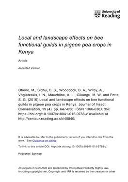 Local and Landscape Effects on Bee Functional Guilds in Pigeon Pea Crops in Kenya