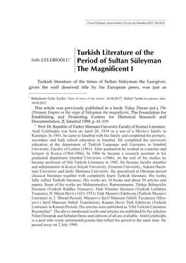 Turkish Literature of the Period of Sultan Süleyman the Magnificent I*