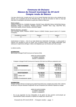 Commune De Duisans Séance Du Conseil Municipal Du 04 Avril Compte Rendu De Séance