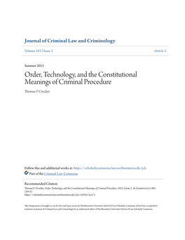 Order, Technology, and the Constitutional Meanings of Criminal Procedure Thomas P