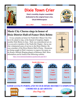 Dixie Town Crier Dixie’S Monthly Chapter Newsletter Dedicated to the Original Town Crier, Chuck Witherspoon