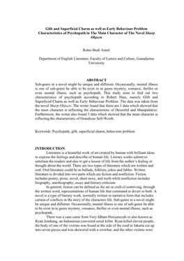 Glib and Superficial Charm As Well As Early Behaviour Problem Characteristics of Psychopath in the Main Character of the Novel Sharp Objects