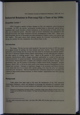 Industrial Relations in Post-Coup Fiji: a Taste of the 1990S