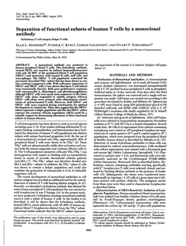 Separation of Functional Subsets of Human T Cells by a Monoclonal Antibody (Hybridoma/T Cell Antigens/Helper T Cells) ELLIS L