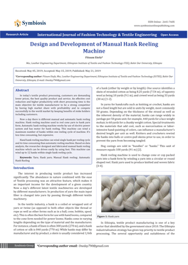 Design and Development of Manual Hank Reeling Machine Fitsum Etefa*