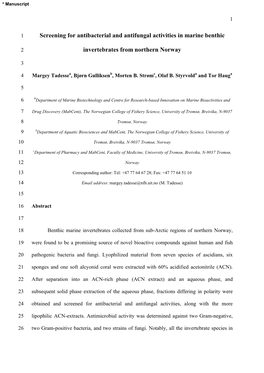 Screening for Antibacterial and Antifungal Activities in Marine Benthic Invertebrates from Northern Norway