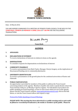 Penryn Town Council Agenda