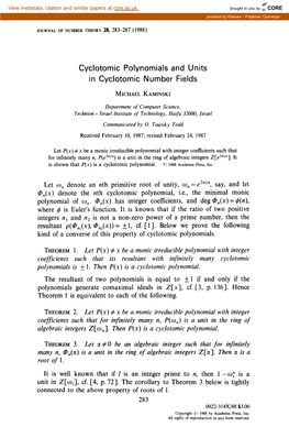 Cyclotomic Polynomials and Units in Cyclotomic Number Fields