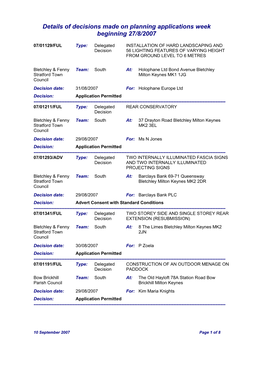 Details of Decisions Made on Planning Applications Week Beginning 27/8/2007