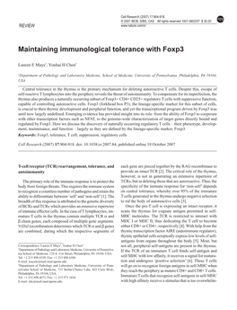 Maintaining Immunological Tolerance with Foxp3