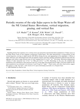 Periodic Swarms of the Salp Salpa Aspera in the Slope Water Off the NE United States: Biovolume, Vertical Migration, Grazing, and Vertical ﬂux