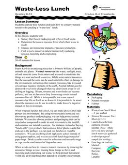 Waste-Less Lunch Grades K-12 Grades K-4 Standards