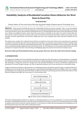 Suitability Analysis of Residential Location Choice Behavior for West Zone in Surat City Yash Jariwala1