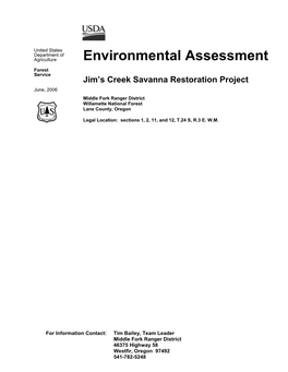 Environmental Assessment Forest Service Jim’S Creek Savanna Restoration Project