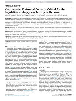 Ventromedial Prefrontal Cortex Is Critical for the Regulation of Amygdala Activity in Humans Julian C