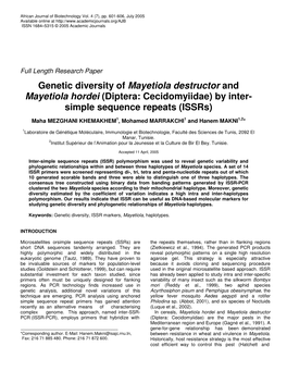 Genetic Diversity of Mayetiola Destructor and Mayetiola Hordei (Diptera: Cecidomyiidae) by Inter- Simple Sequence Repeats (Issrs)