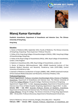 Manoj Kumar Karmakar Paediatric Anaesthesia, Department of Anaesthesia and Intensive Care, the Chinese University of Hong Kong